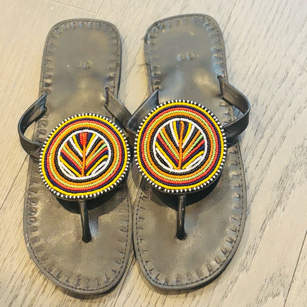 Beaded Black Leather Sandals